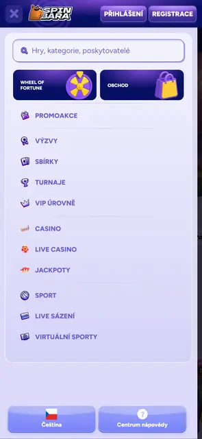 Spinbara: hlavní menu s promoakcemi, turnaji a VIP úrovněmi