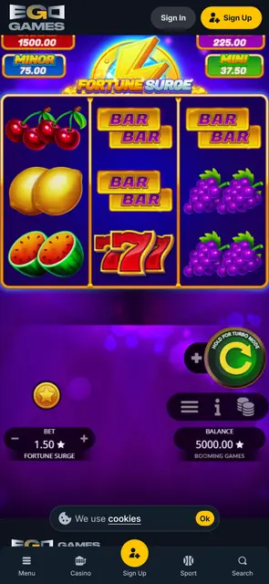 Mobilní web EgoGames, automat Fortune Surge v demo režimu